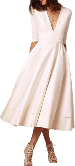 Women's Tea Length Wedding Dresses for Bride Satin Simple A Line Midi Formal Bridal Dress with Sleeves