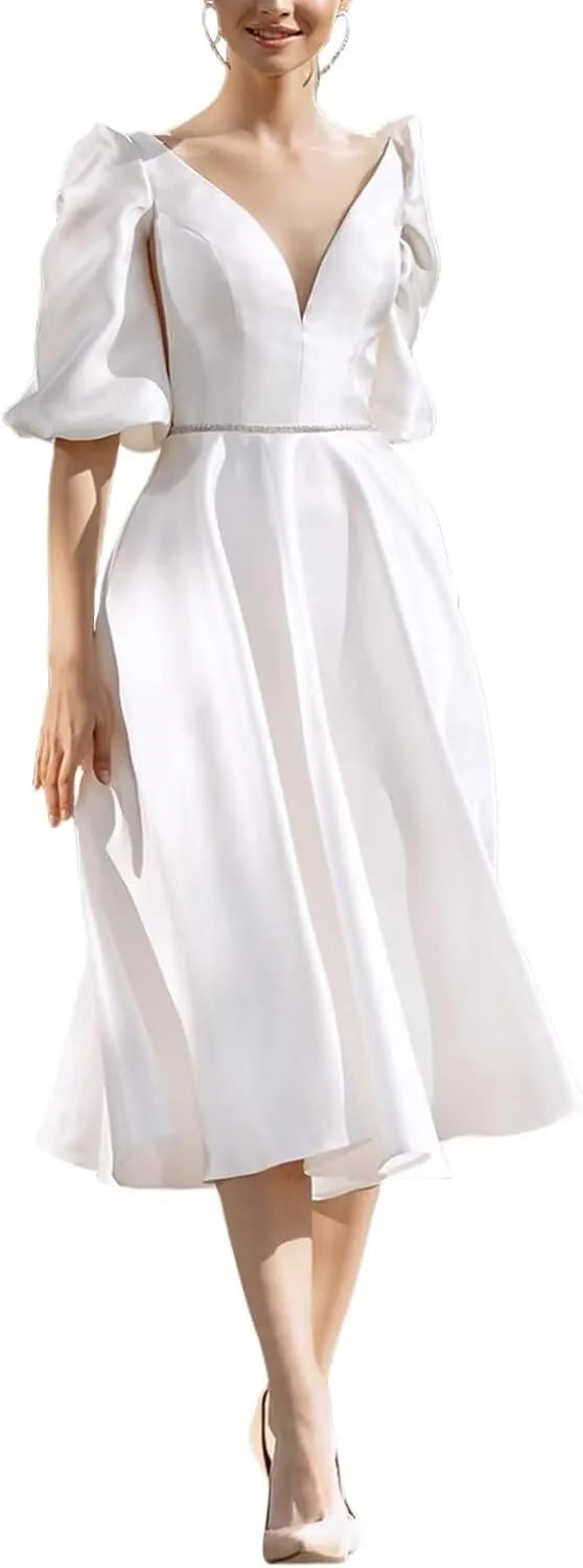 Women's Tea Length Wedding Dresses for Bride Satin Simple A Line Midi Formal Bridal Dress with Sleeves