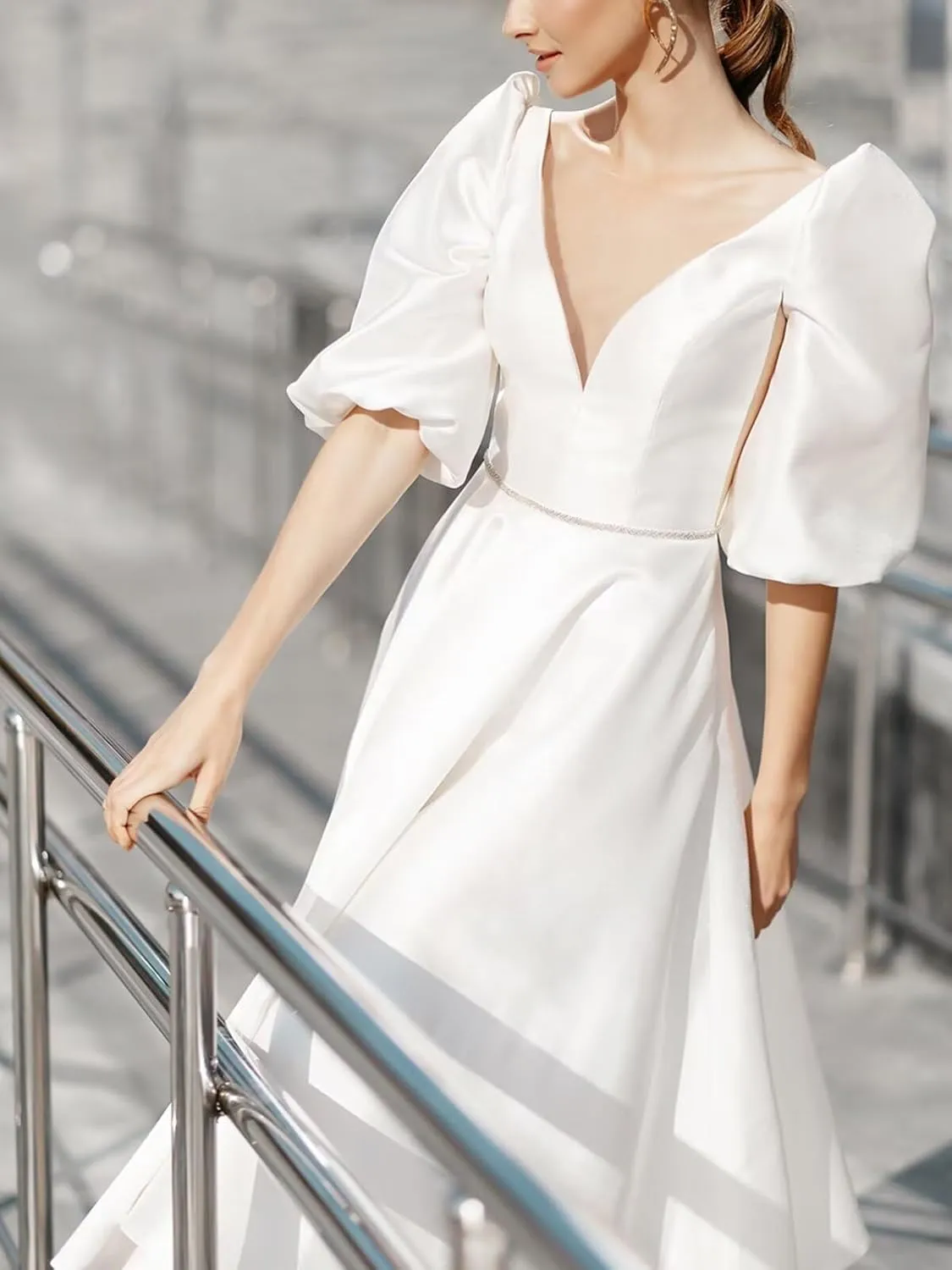 Women's Tea Length Wedding Dresses for Bride Satin Simple A Line Midi Formal Bridal Dress with Sleeves