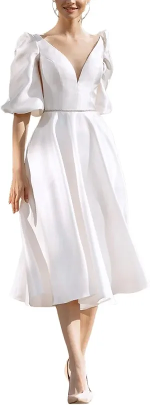 Women's Tea Length Wedding Dresses for Bride Satin Simple A Line Midi Formal Bridal Dress with Sleeves